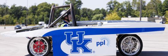 The Kentucky Solar Car at a test drive at Kroger Field parking lot.